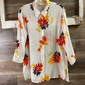 LIZ CLAIBORNE LIZSPORT Floral Sheer 3/4 Sleeve Button Up Blouse Size Large